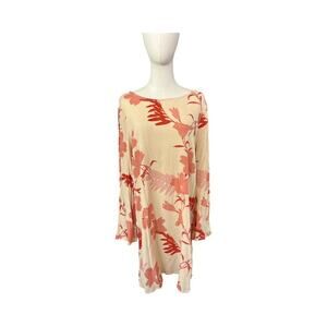 Roxy Floral Bell Sleeve Mini Dress M Boho Cream Red Open Back Beach Cover Up